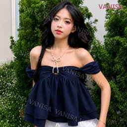 Áo Babydoll Nữ Tay Bồng Trễ Vai Phối Nơ Ngực Chất voan  Trắng  kem Xanh Than Đen VANISA SMEMXINH 9