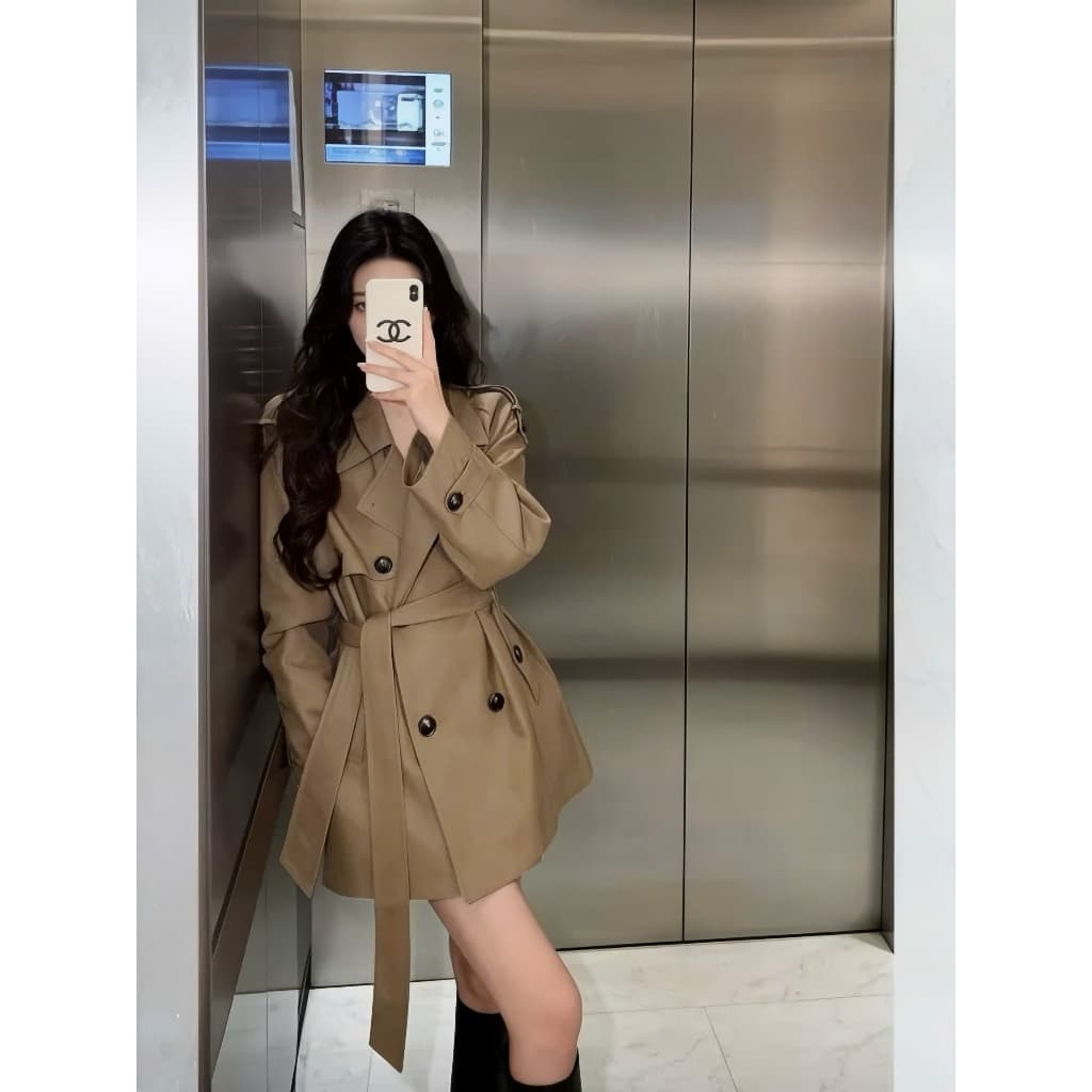 Áo Khoác Măng Tô Dáng Ngắn Màu Kaki Dáng Blazer Có Đai Thắt Eo Tôn Dáng Sang Chảnh Phong Cách Hàn Quốc Chali AZ900