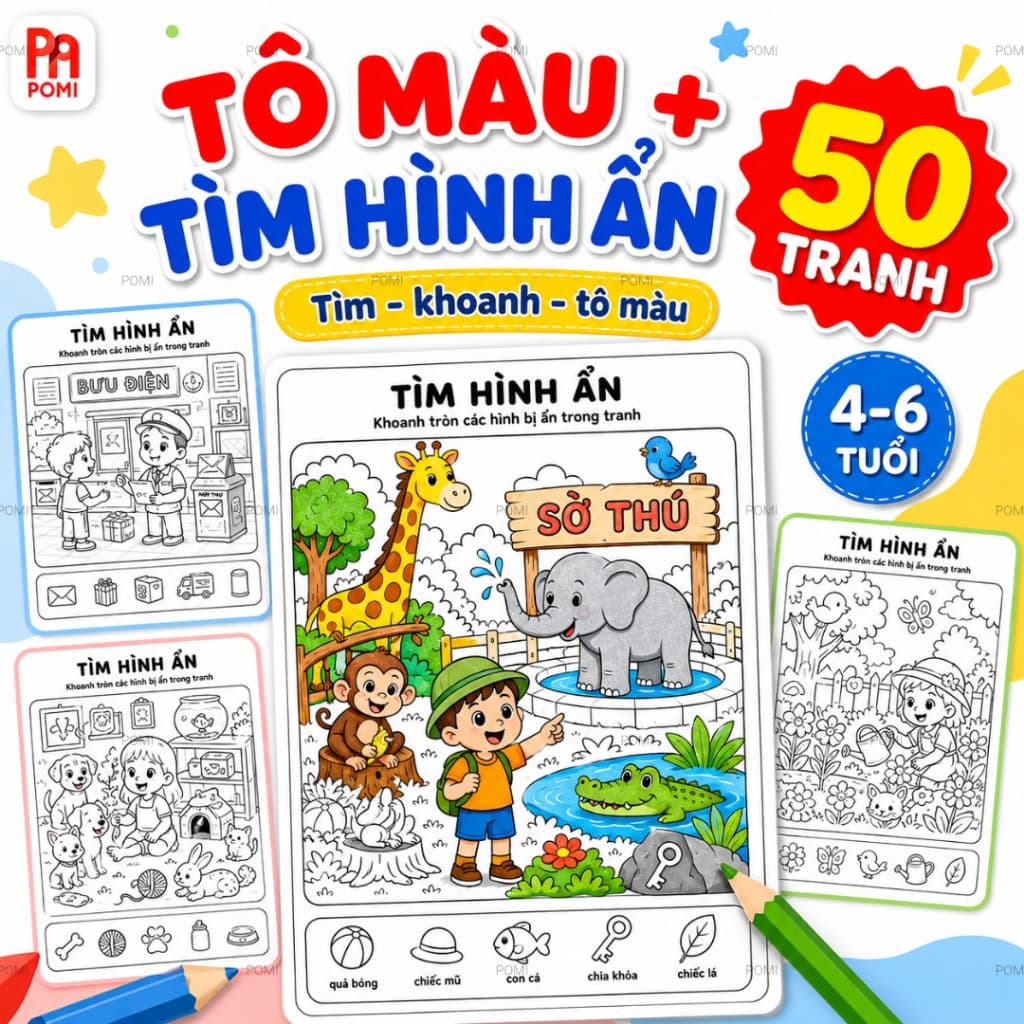 Set 50 tranh rèn tính quan sát tô màu tìm hình ẩn luyện kiên nhẫn cho bé mầm non tiểu học - POMI