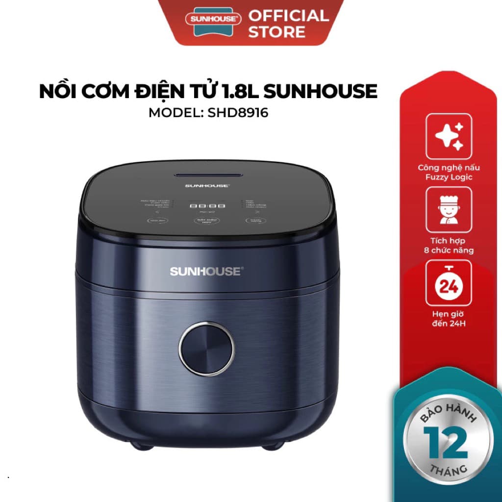 Nồi Cơm Điện Tử Sunhouse SHD8916 1.8L Chính Hãng | Công Nghệ Fuzzy Logic | 8 Chức Năng | Hẹn Giờ 24H | Lòng Nồi Siêu Dày