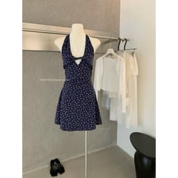 (Dmina YJIA) Set Đầm Body cổ yếm hoa xanh viền ren hở lưng kèm áo khoác cardigan QC 5