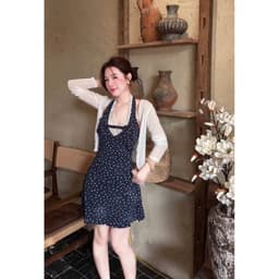 (Dmina YJIA) Set Đầm Body cổ yếm hoa xanh viền ren hở lưng kèm áo khoác cardigan QC 4
