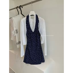 (Dmina YJIA) Set Đầm Body cổ yếm hoa xanh viền ren hở lưng kèm áo khoác cardigan QC 6
