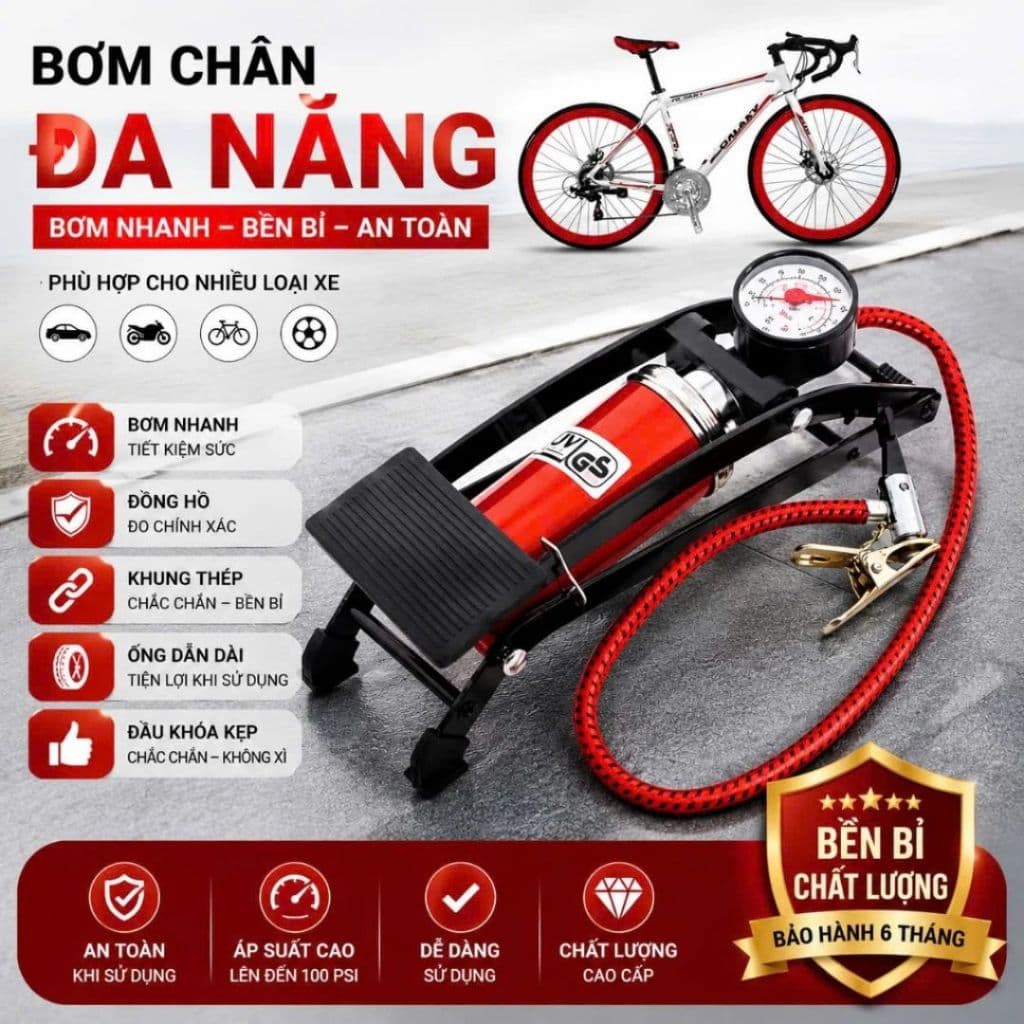 Bơm Đạp Chân VINALUXURY Dùng Cho Xe Đạp, Xe Máy, Ô Tô