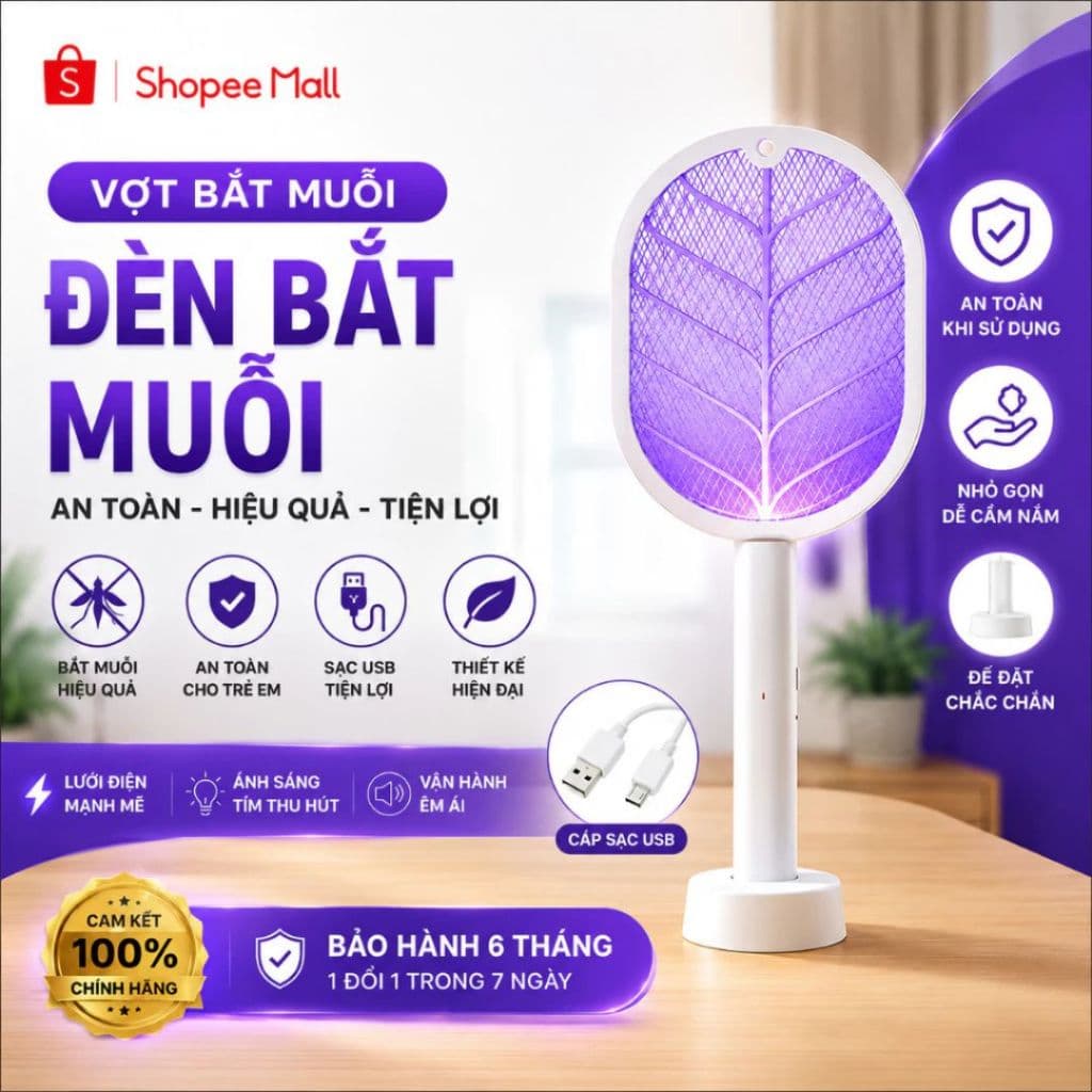 Vợt Muỗi Thông Minh 3 Trong 1 Kiêm Đèn Bắt Muỗi Tự Động Pin Sạc 1200mAh Có Đế Sạc Đứng Tiện Lợi