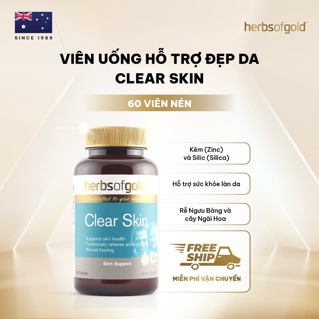 Viên Uống Hỗ Trợ Da Mụn Herbs Of Gold Clear Skin 60 Viên Chính Hãng Úc