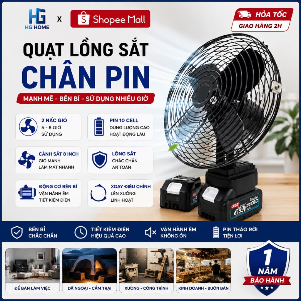 [HỎA TỐC ] Quạt tích điện để bàn lồng sắt cánh sắt dung lượng PIN 10CELL lớn sử dụng nhiều giờ HGHOME