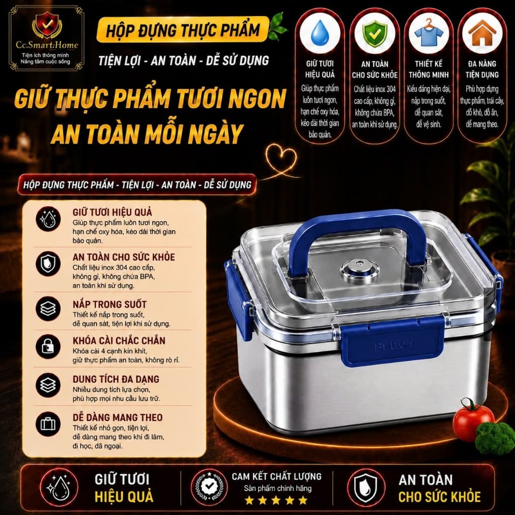 Hộp Đựng Thực Phẩm Inox 1800ml Quai Xanh Có Nắp Khóa Kín, Hộp Cơm Inox Giữ Nhiệt Đựng Đồ Ăn Đi Làm
