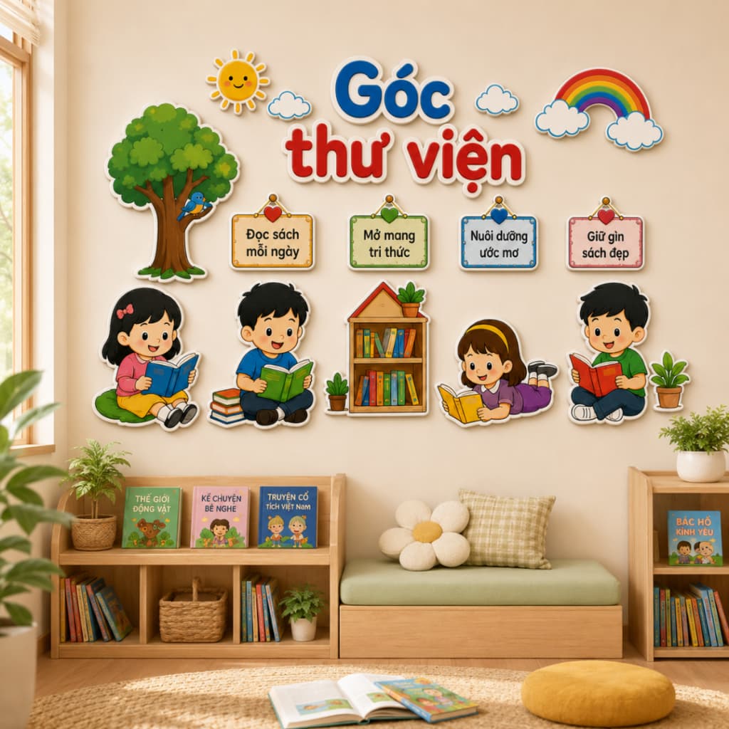 Bộ Bảng Các Góc Mầm Non Trang Trí Lớp Học Cho Bé, Tranh Góc Fomex 5mm Decal Có Sẵn Keo Dán (6641)