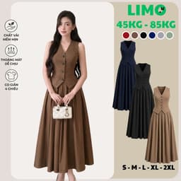 Set Váy Dài Xòe Có Túi Áo Gile Set Áo Sát Nách Cài Nút Chân Váy Dài Xếp Li Bigsize Limo V68 1