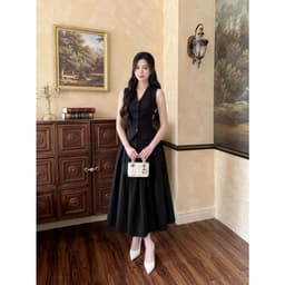 Set Váy Dài Xòe Có Túi Áo Gile Set Áo Sát Nách Cài Nút Chân Váy Dài Xếp Li Bigsize Limo V68 4