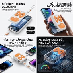 Sạc Dự Phòng 20.000 mAh, Sạc Nhanh 22.5W, Có Dây Gắn Trong, Sạc Không Dây, Hỗ Trợ Máy Bay 6