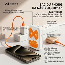 Sạc Dự Phòng 20.000 mAh, Sạc Nhanh 22.5W, Có Dây Gắn Trong, Sạc Không Dây, Hỗ Trợ Máy Bay 7