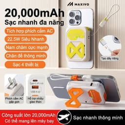 Sạc Dự Phòng 20.000 mAh, Sạc Nhanh 22.5W, Có Dây Gắn Trong, Sạc Không Dây, Hỗ Trợ Máy Bay 3