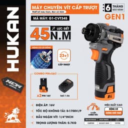 Bộ máy chuyên vít trượt pin HUKAN G1-VT1645s và G1-CVT345, Lực siết 45Nm - 2Pin - Không chổi than 6