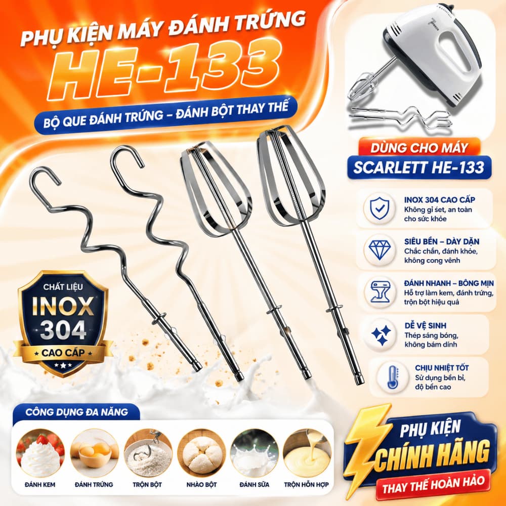 Phụ Kiện Máy Đánh Trứng HE-133, Bộ Que Đánh Trứng, Đánh Bột Thay Thế Bằng Thép Không Gỉ