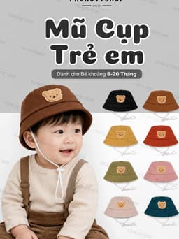 Bé 6-21 THÁNG/ Mũ nón nhung bucket tai bèo vành trẻ em gái trai PHUNGVYSHOP- / Cụp Nhí GẤU NHUN GÂN  / 10