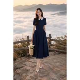[260524] Váy Liền Nữ Cao Cấp Xanh Navy Cổ Tròn Phối Trắng Tay Ngắn Midi Dáng Xòe Công Sở 2