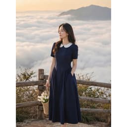 [260524] Váy Liền Nữ Cao Cấp Xanh Navy Cổ Tròn Phối Trắng Tay Ngắn Midi Dáng Xòe Công Sở 3