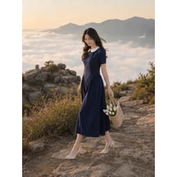 [260524] Váy Liền Nữ Cao Cấp Xanh Navy Cổ Tròn Phối Trắng Tay Ngắn Midi Dáng Xòe Công Sở 4