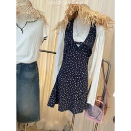 (Dmina YJIA) Set Đầm Body cổ yếm hoa xanh viền ren hở lưng kèm áo khoác cardigan QC 9