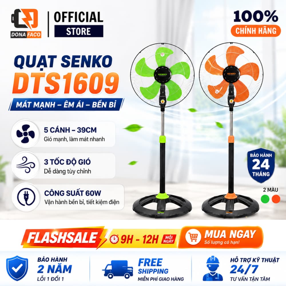 Quạt đứng Quạt cây Senko DTS1609 60W lồng inox mạ crom 5 cánh, gió mạnh bảo hành 24 tháng