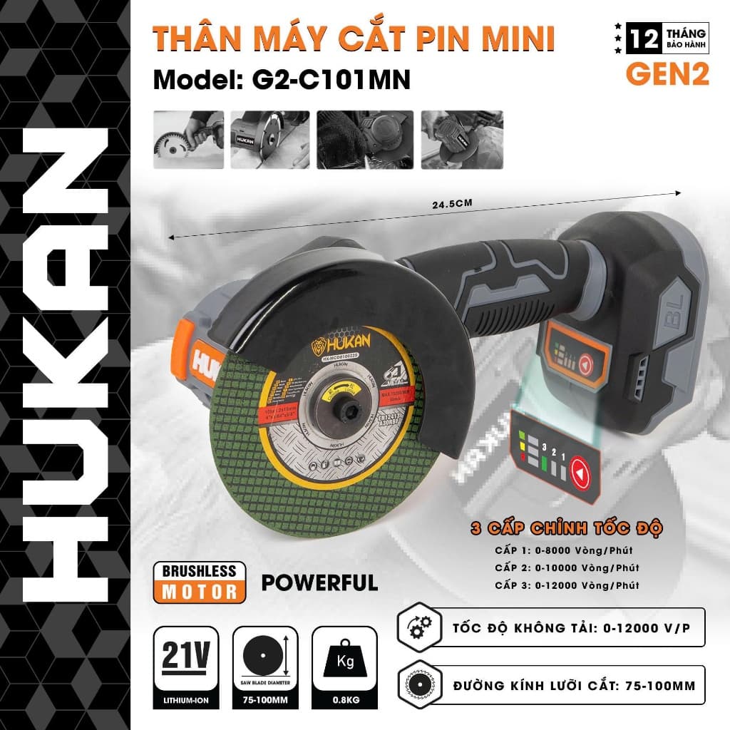 Máy Cắt Mini HUKAN G2-C101MN, Chỉnh Tốc 3 Cấp 12.000v/p, Không Chổi Than - Chân Pin Phổ Thông