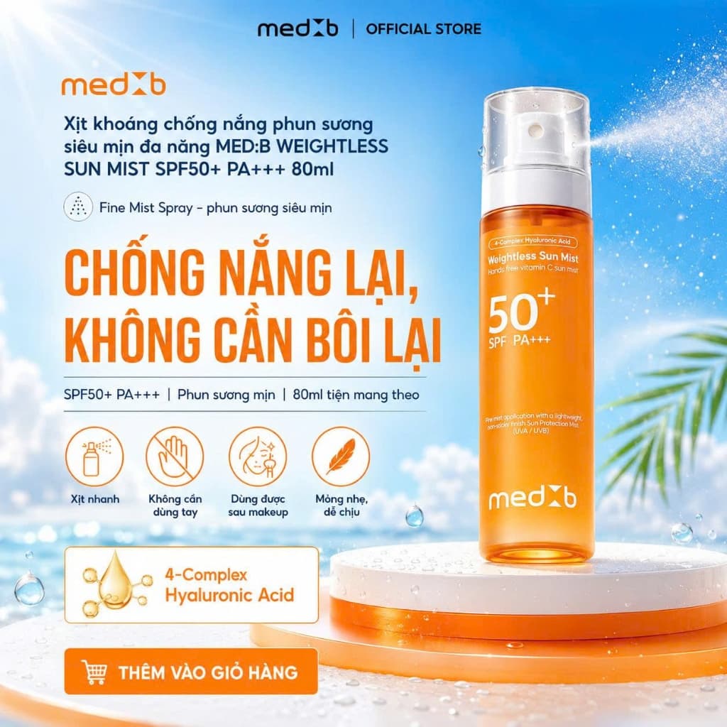 Xịt Khoáng Chống Nắng MED:B Weightless Sun Mist SPF50+ PA+++ 80ml- Chống UV, Chống Lão Hóa, Khóa Nền