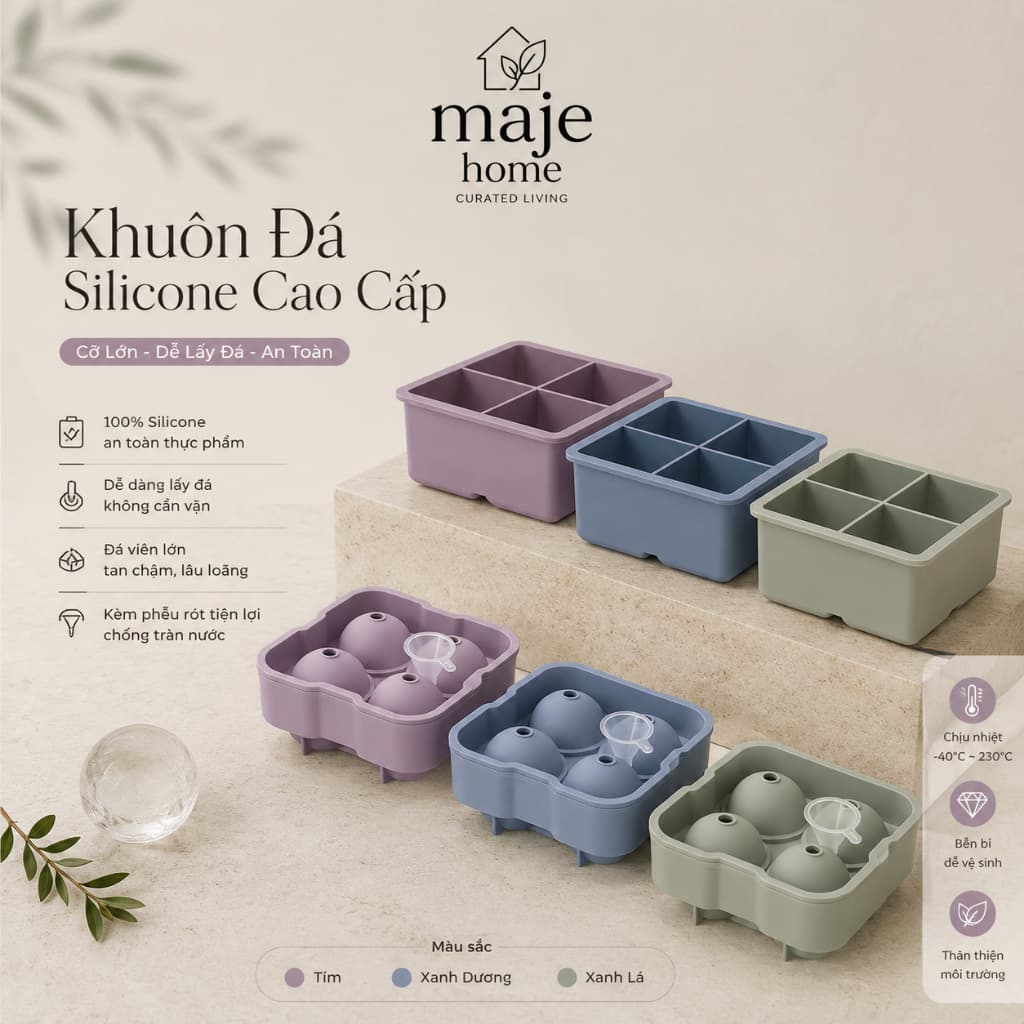 Khuôn đá viên silicone cỡ lớn. Khuôn làm đá cỡ đại cao cấp cho Matcha whisky cocktail cà phê giữ lạnh tốt - Majehome