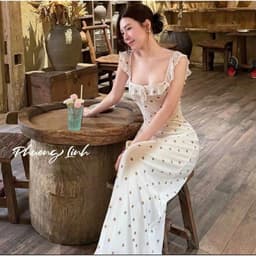 (Có Bigsize) Đầm Maxi Chấm Bi Cổ Vuông Bèo Nhún Dáng Ôm Tôn Dáng Hoạ Tiết Bi Mới Đi Biển Anan.clothing 4