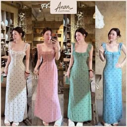 (Có Bigsize) Đầm Maxi Chấm Bi Cổ Vuông Bèo Nhún Dáng Ôm Tôn Dáng Hoạ Tiết Bi Mới Đi Biển Anan.clothing 1
