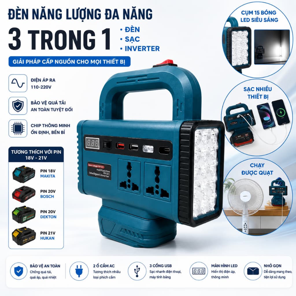 Đế Chuyển 21v-24v Lên 220v Tích Hợp Đèn Led, Đa Dạng Ổ Cắm, Cổng Usb Tiện Lợi