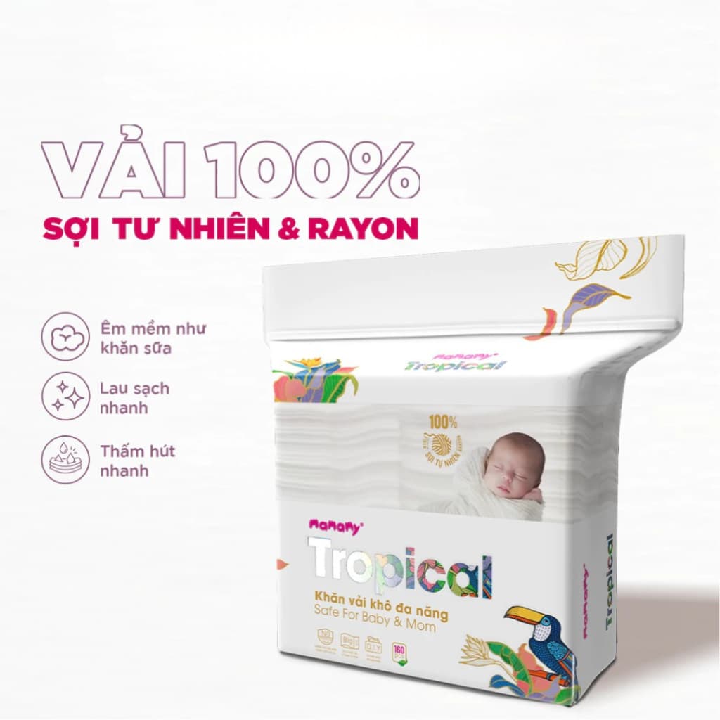 Khăn khô cho bé Mamamy 100% sợi tự nhiên và rayon Tropical gói 160 tờ mềm, dai, sạch cực