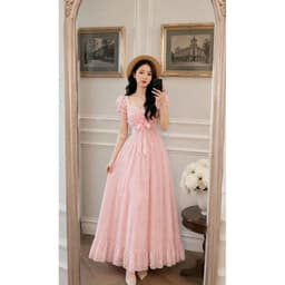 Đầm Maxi Cổ Vuông Tay Phồng Dập Nổi Thắt Nơ Tiểu Thư 7