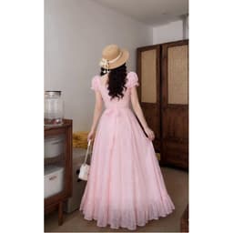 Đầm Maxi Cổ Vuông Tay Phồng Dập Nổi Thắt Nơ Tiểu Thư 2