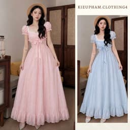 Đầm Maxi Cổ Vuông Tay Phồng Dập Nổi Thắt Nơ Tiểu Thư 5