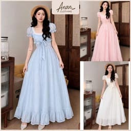 Đầm Maxi Cổ Vuông Tay Phồng Dập Nổi Thắt Nơ Tiểu Thư 1