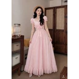 Đầm Maxi Cổ Vuông Tay Phồng Dập Nổi Thắt Nơ Tiểu Thư 3
