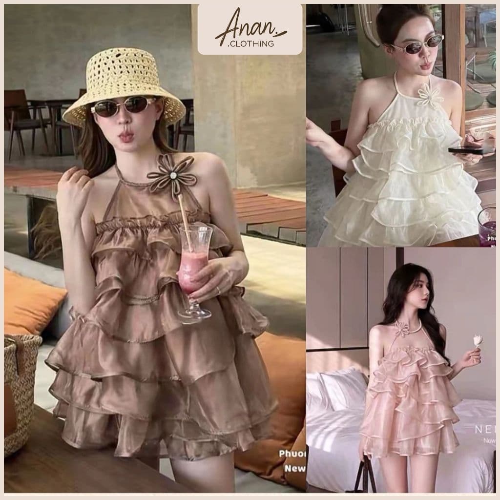 Set Áo Yếm Tầng Bèo Hoa 3D + Chân Váy Voan Tiểu Thư Sang Chảnh Đi Biển Chụp Ảnh Ananclothing4