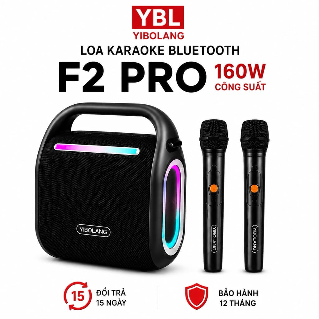 Loa Karaoke Bluetooth Yibolang F2 Pro 160W Kèm Micro Không Dây - Pin 12000mAh, DSP Chống Hú, Chống Nước IPX6