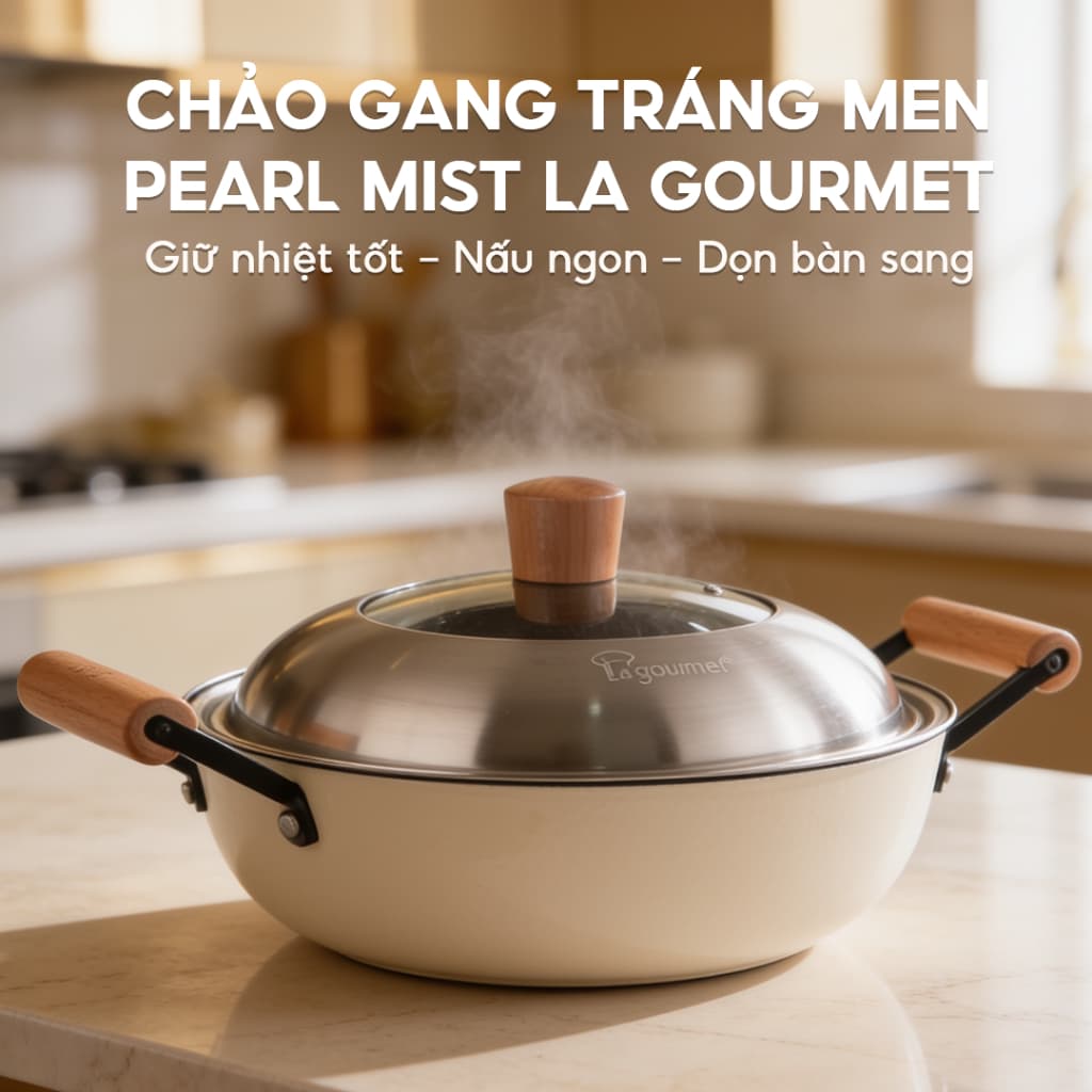 Chảo gang tráng men thủ công La gourmet, chống dính tự nhiên an toàn sức khỏe
