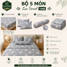 Bộ Chăn Ga Gối Lụa Tencel 5 Món Aniva Bedding 1m6x2m - Ga Bọc Nệm Cao 5-25cm, Mền 200x220cm, Vỏ Gối Ôm Khóa Kéo 2