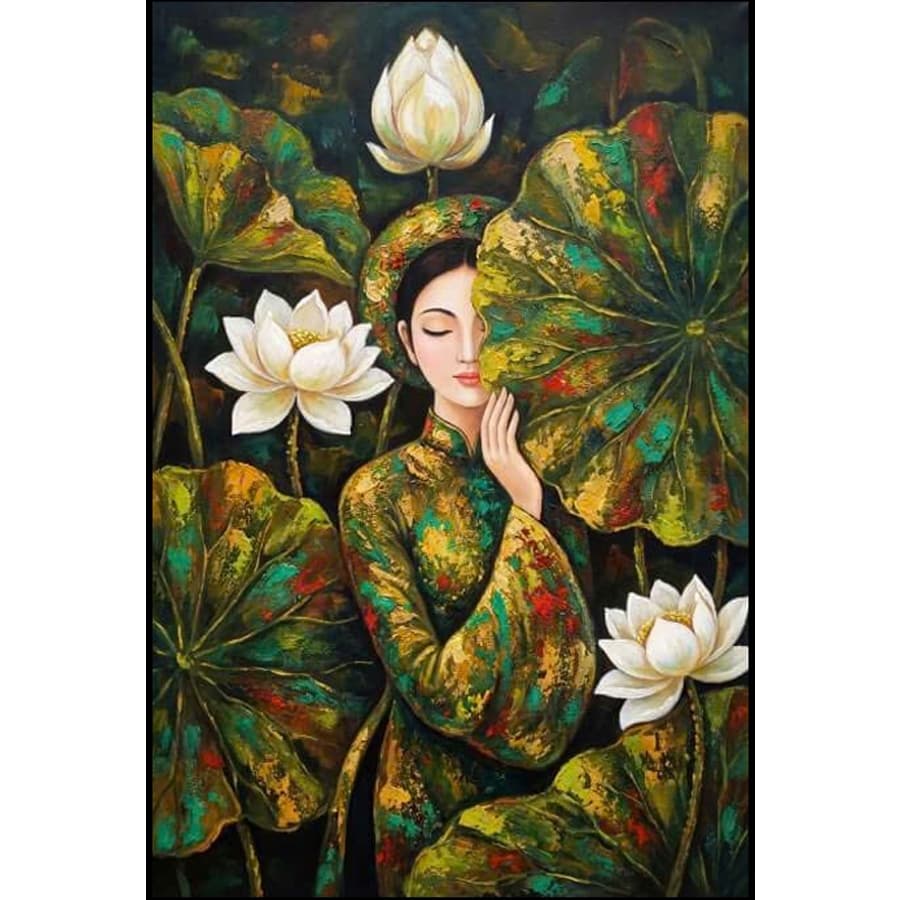 Tranh cô gái hoa sen in canvas không khung