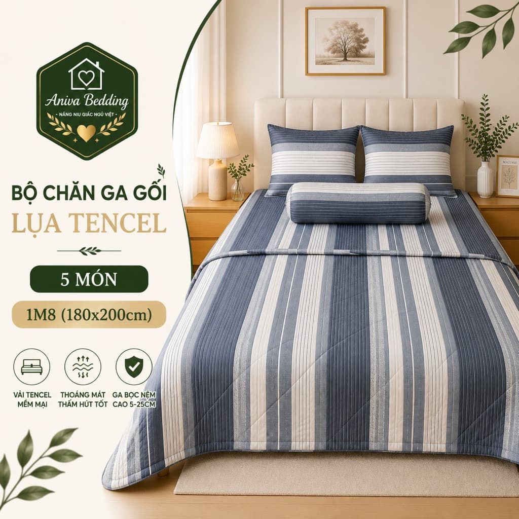 Bộ Chăn Ga Gối Lụa Tencel 5 Món Aniva Bedding 1m8x2m - Ga Bọc Nệm Cao 5-25cm, Mền 200x220cm, Mềm Mại Thoáng Mát