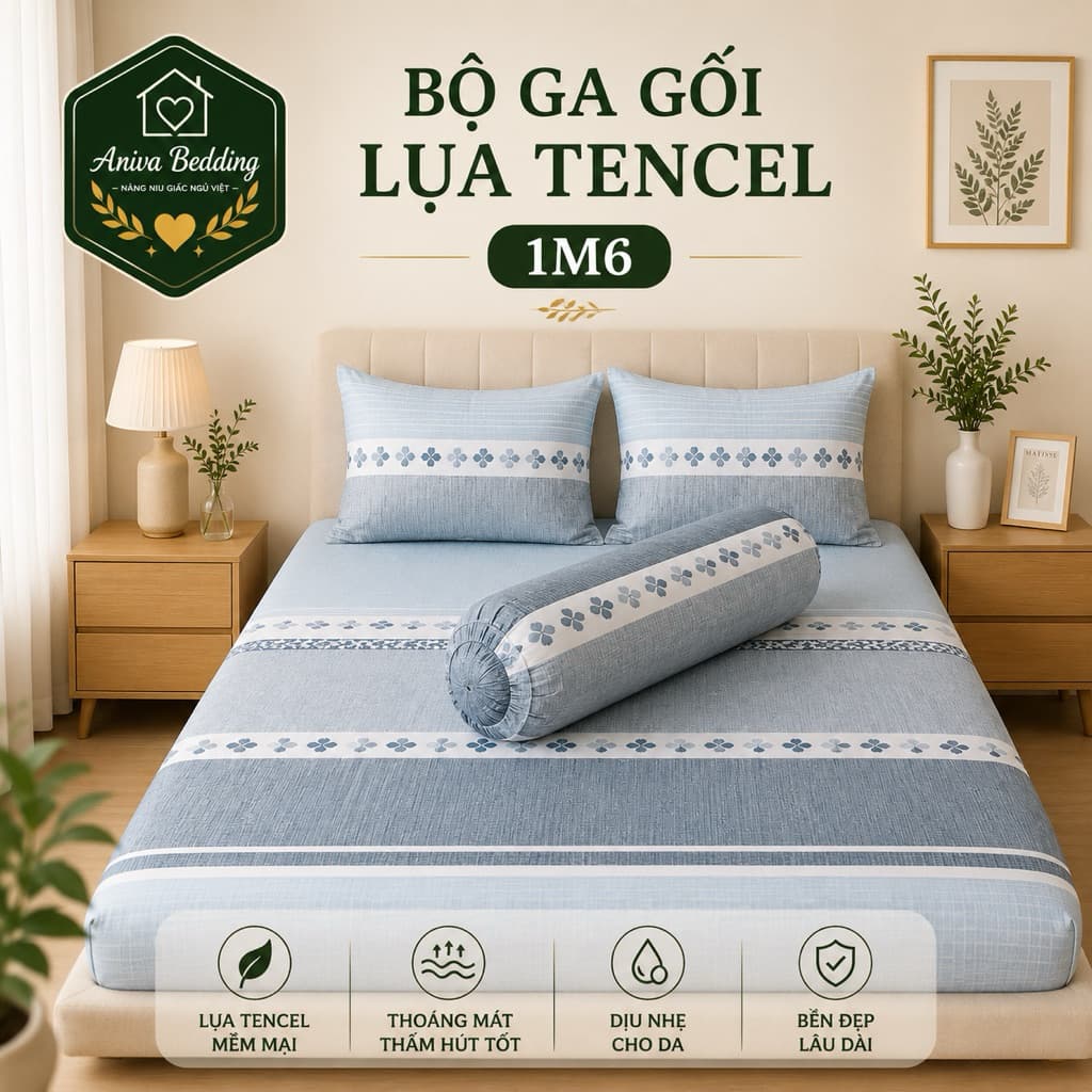 Bộ Ga Gối Lụa Tencel 4 Món Aniva Bedding 1m6x2m - Ga Bọc Nệm Cao 5-25cm, Vỏ Gối Ôm Khóa Kéo, Mềm Mại Thoáng Mát