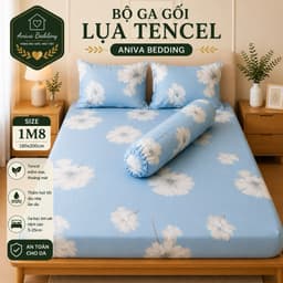 Bộ Ga Gối Lụa Tencel 4 Món Aniva Bedding 1m8x2m -Ga Bọc Nệm Cao 5-25cm, Vỏ Gối Ôm Khóa Kéo 35x100 1