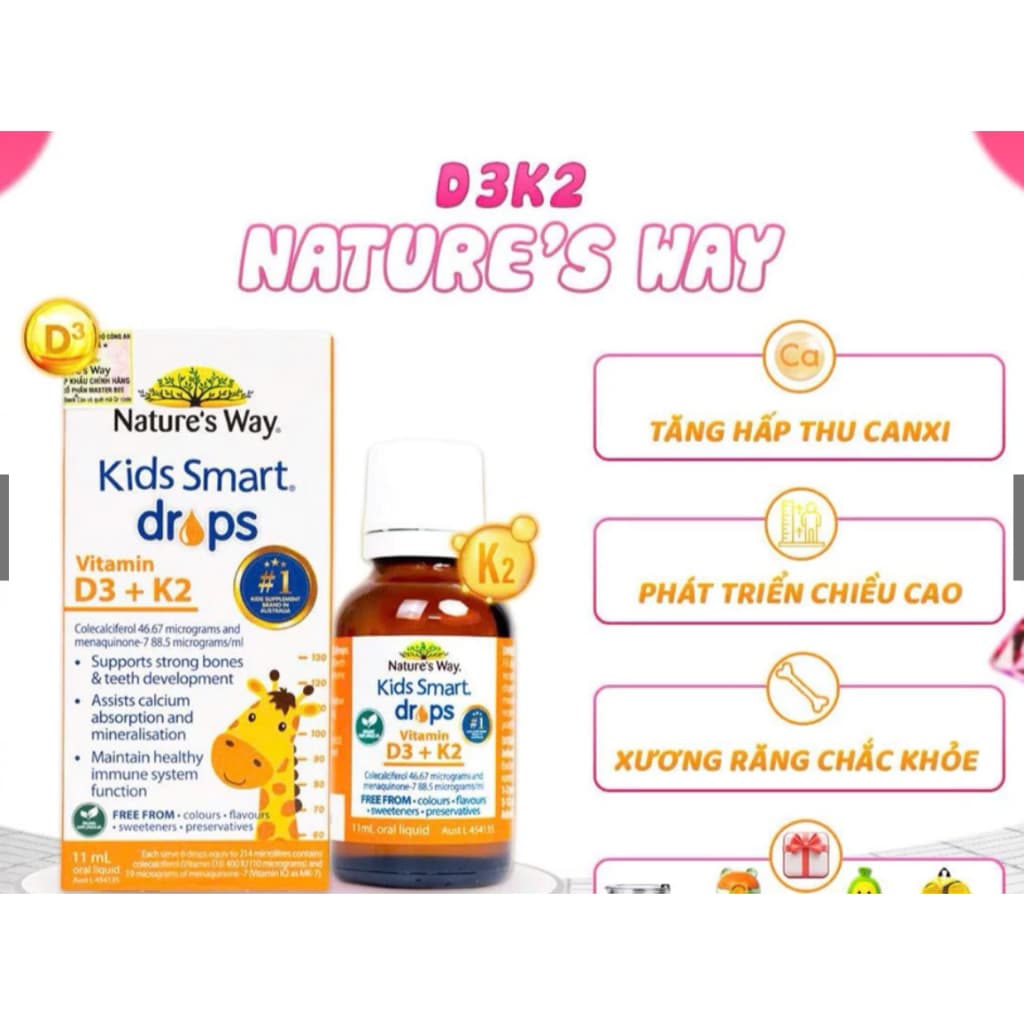 Nature's Way Kids Smart Drops Vitamin D3+K2  hỗ trợ bé hấp thụ canxi,giúp xương, răng chắc khỏe  <BUNBUN SHOP