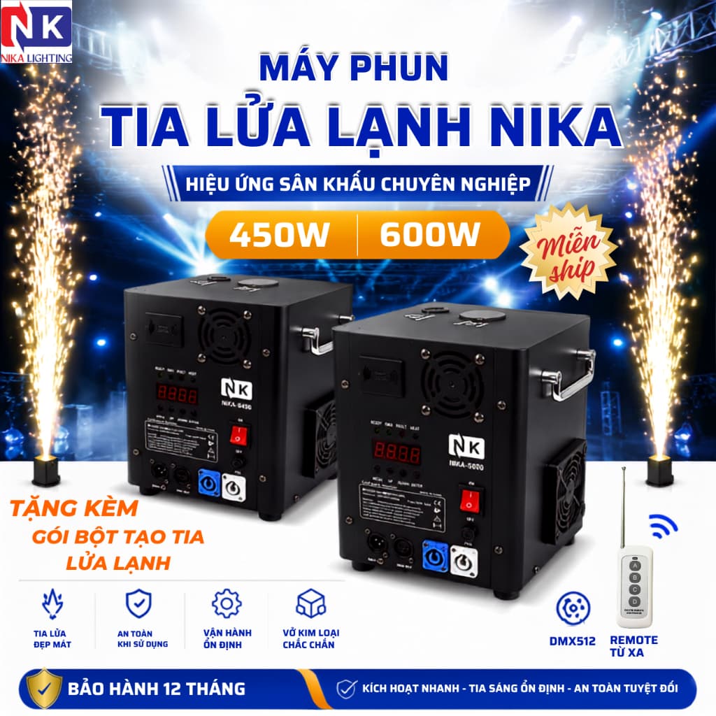 Máy phun tia lửa lạnh NIKA LIGHTING 450W 600W điều khiển DMX cho sân khấu, tiệc cưới, sự kiện