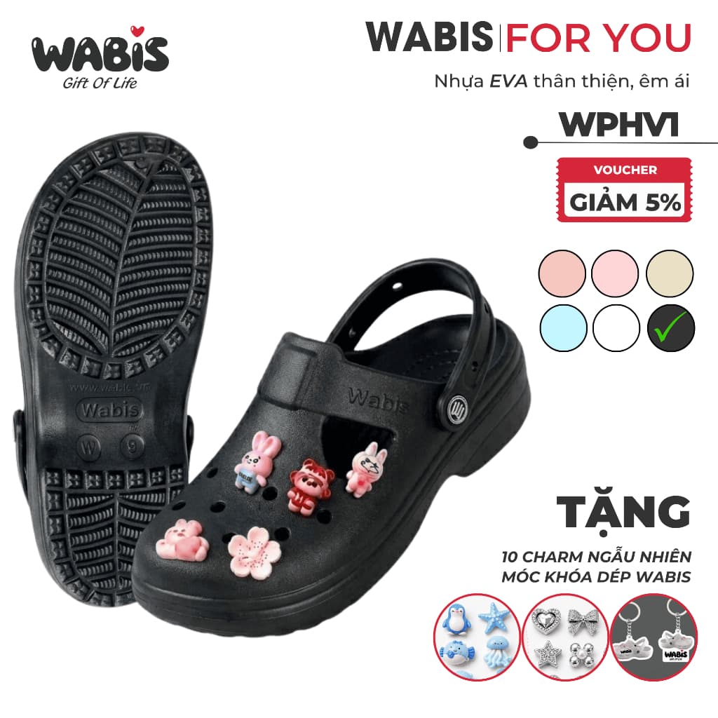 [Tặng Charm + Móc Khóa Chính Hãng] Dép Sục Màu Đen WABIS Platform Happiness V1 Đế Cao 3cm, Êm Chân, Chống Trượt [WPH-V1]