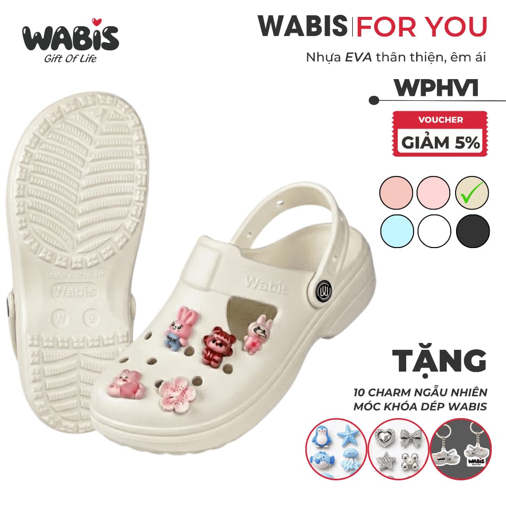 [Tặng Charm + Móc Khóa Chính Hãng] Dép Sục Màu Kem WABIS Platform Happiness V1 Đế Cao 3cm Chống Trơn Chống Trượt[WPH-V1]